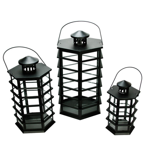 Set of 3 Black Modern Design Glass Pillar Candle Lanterns 10.5" - 18.5"