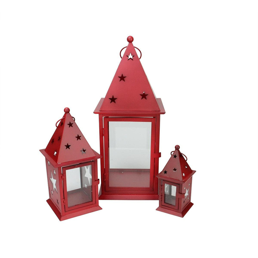 Set of 3 Patriotic Red Glass Pillar Candle Lanterns with Star Cutouts 7.75" - 19"