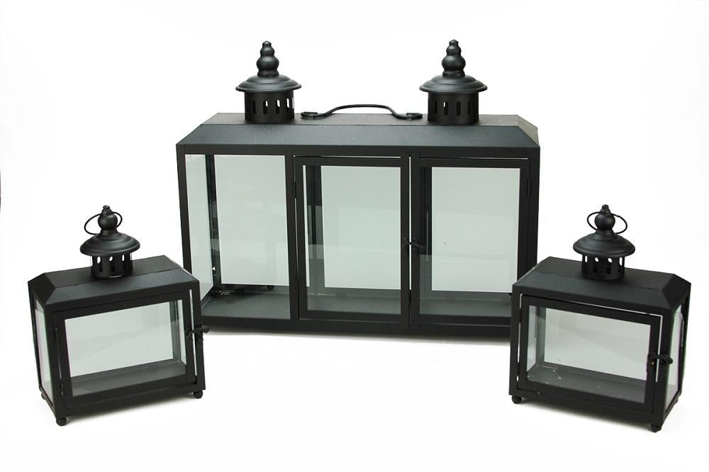 Set of 3 Decorative Black Wide Colonial Design Glass Pillar Candle Lanterns 7.75" - 19.75"