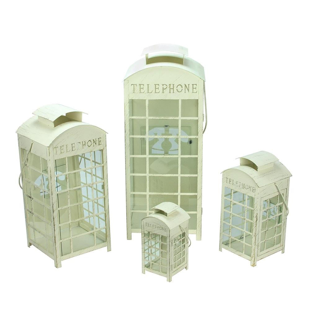 Set of 4 Weathered Cream and Gold Telephone Booth Glass Pillar Candle Lanterns 8.75" - 25"