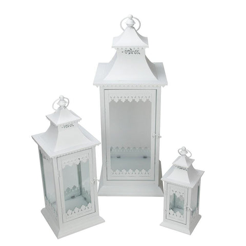 Set of 3 White Cottage Style Glass Pillar Candle Lanterns with Decorative Edges 11.5" - 27.25"