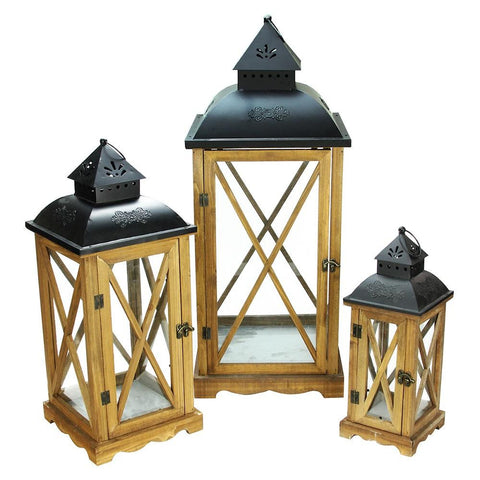 Set of 3 Country Elegance Wooden Garden Style Glass Pillar Candle Lanterns 14.75" - 27.75"