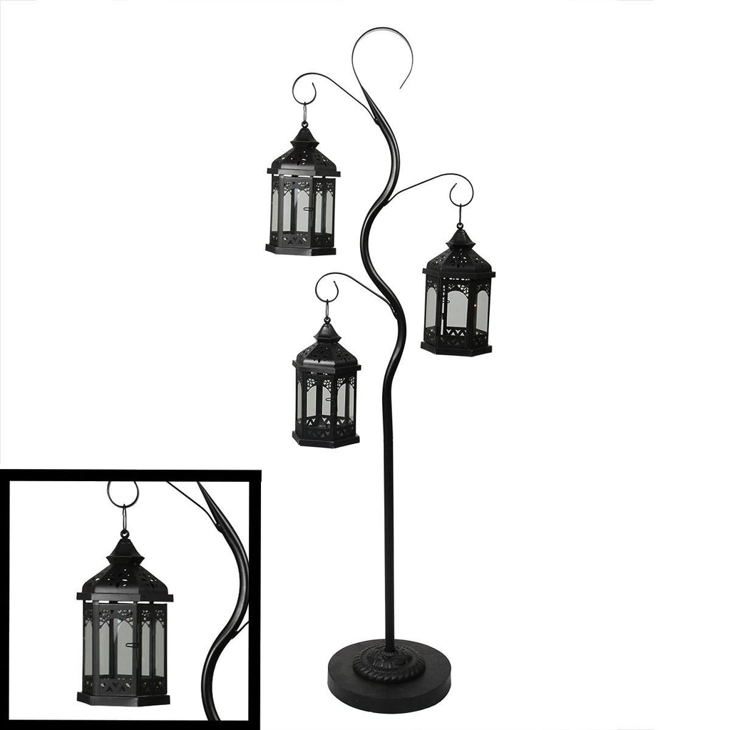 51" Rustic Black Pillar Candle Holder Tree with 3 Decorative Lanterns