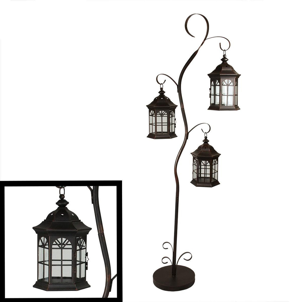 60" Rustic Weathered Copper Brown Pillar Candle Holder Tree with 3 Decorative Lanterns