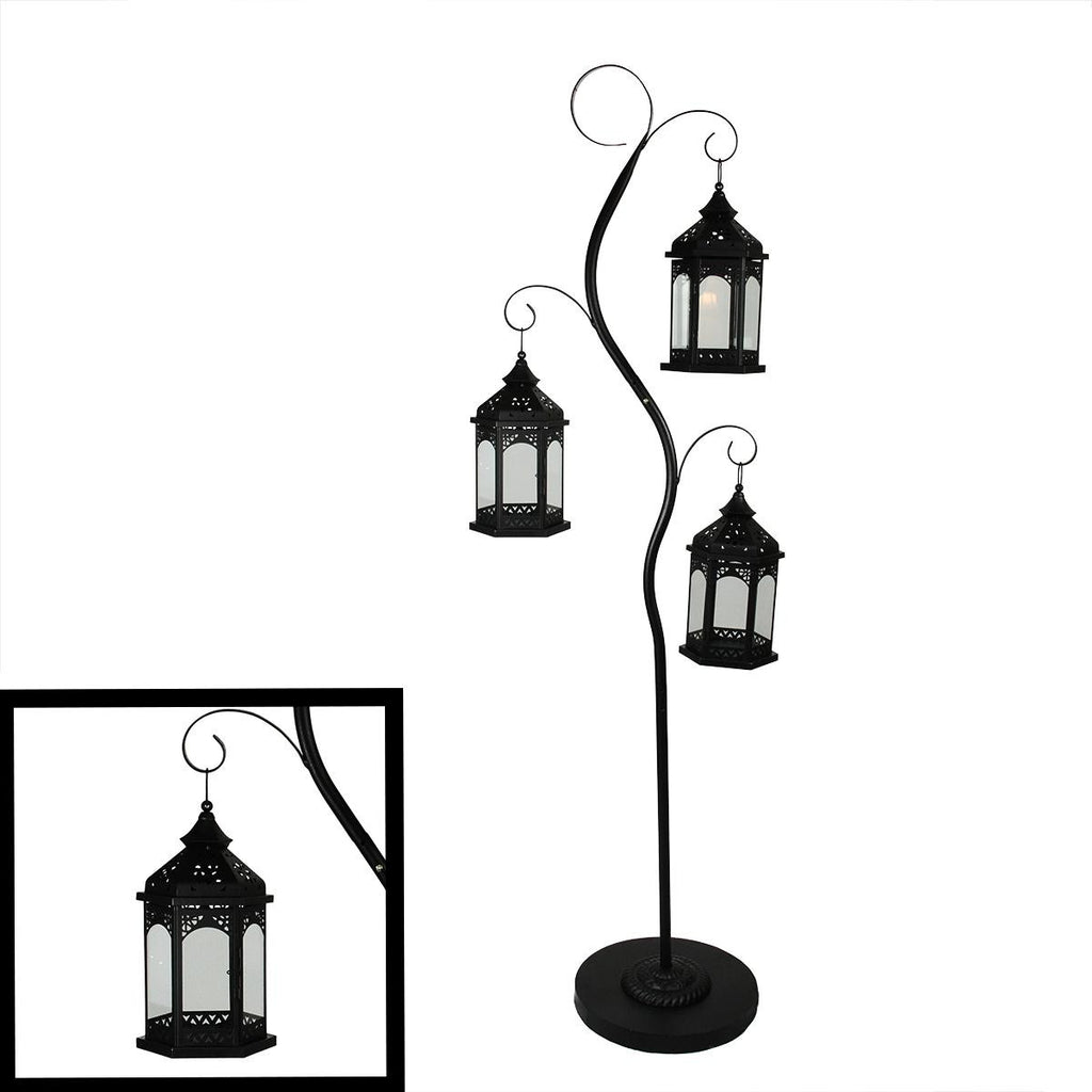 70" Rustic Black Pillar Candle Holder Tree with 3 Decorative Lanterns