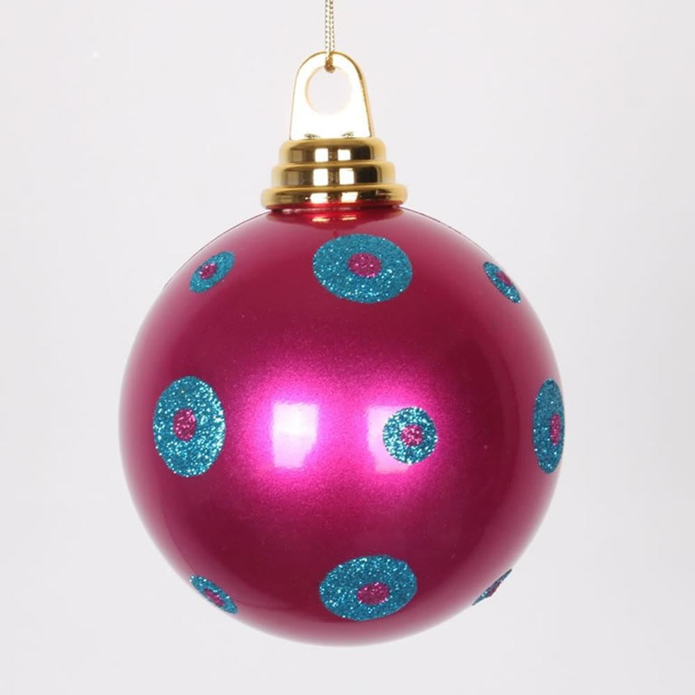 Candy Pink with Turquoise Blue Glitter Polka Dots Christmas Ball Ornament 4.75" (120mm)