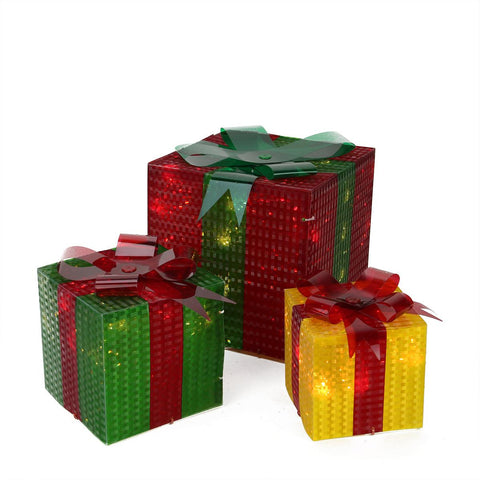 3-Piece Glistening Prismatic Gift Box Lighted Christmas Yard Art Decoration Set