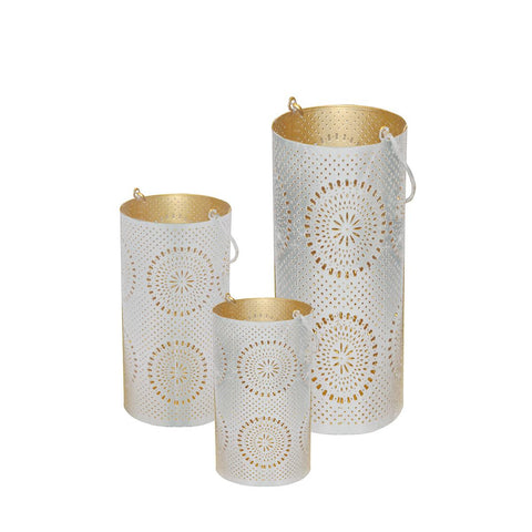 Set of 3 Distressed White and Gold Decorative Floral Cut-Out Pillar Candle Lanterns 12.5"