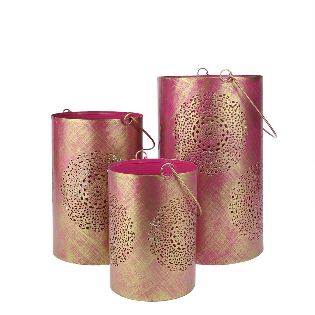 Set of 3 Fuschia Pink and Gold Decorative Floral Cut-Out Pillar Candle Lanterns 10"