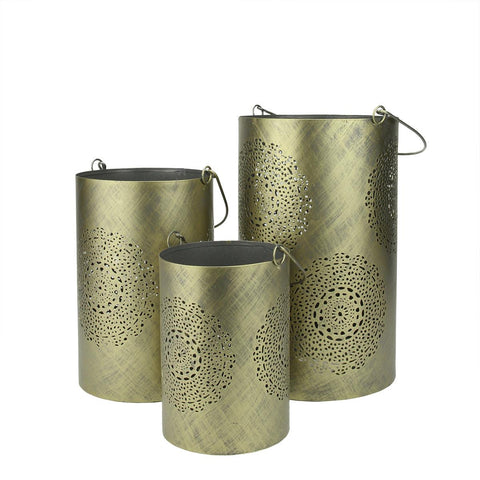 Set of 3 Gray and Gold Decorative Floral Cut-Out Pillar Candle Lanterns 10"