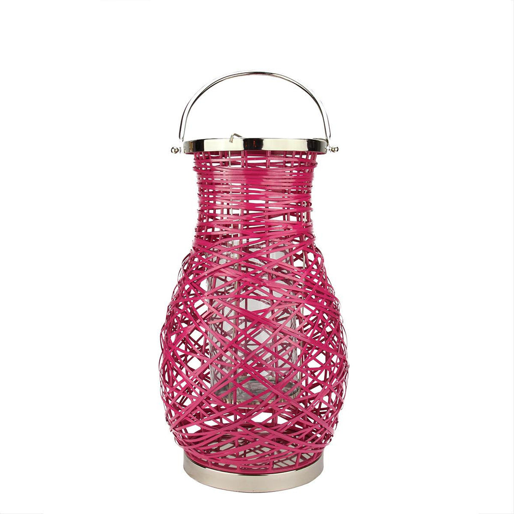 16.25" Modern Fuschia Pink Decorative Woven Iron Pillar Candle Lantern with Glass Hurricane