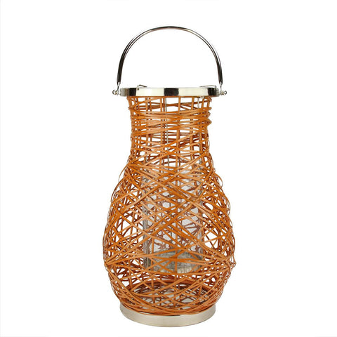 16.25" Modern Orange Decorative Woven Iron Pillar Candle Lantern with Glass Hurricane