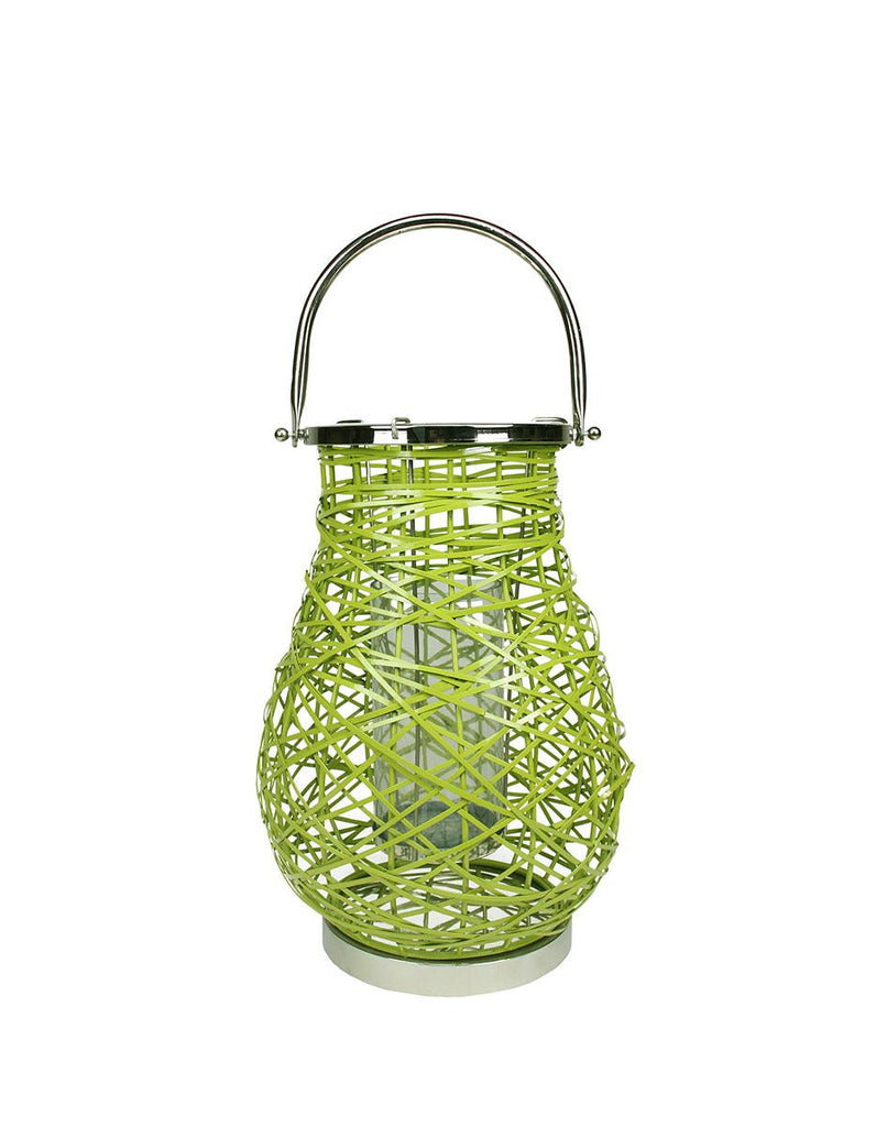 16.25" Modern Green Decorative Woven Iron Pillar Candle Lantern with Glass Hurricane