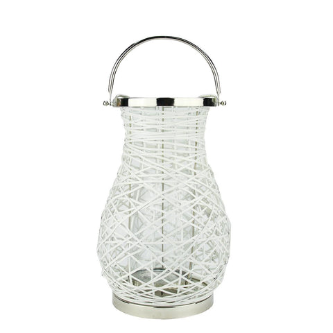 16.25" Modern White Decorative Woven Iron Pillar Candle Lantern with Glass Hurricane