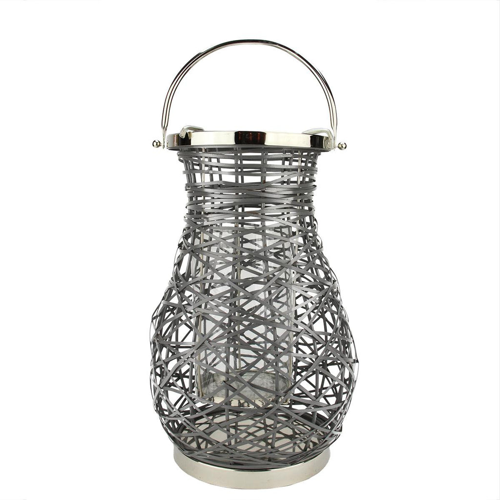 16.25" Modern Gray Decorative Woven Iron Pillar Candle Lantern with Glass Hurricane