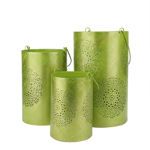 Set of 3 Green and Gold Decorative Floral Cut-Out Pillar Candle Lanterns 10"