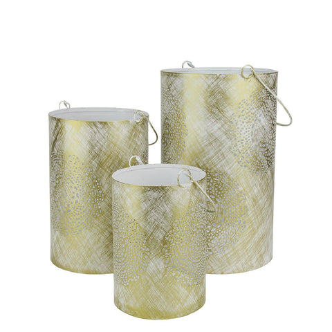 Set of 3 White and Gold Decorative Floral Cut-Out Pillar Candle Lanterns 10"