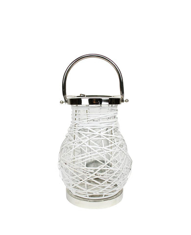 13.5" Modern White Decorative Woven Iron Pillar Candle Lantern with Glass Hurricane