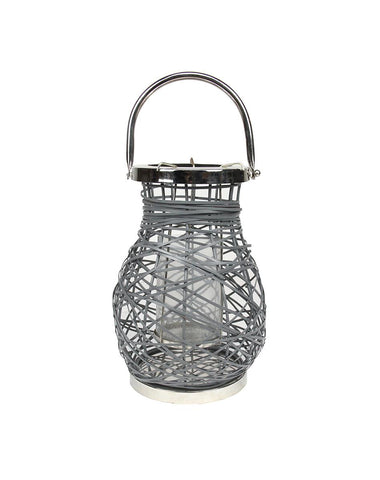 13.5" Modern Gray Decorative Woven Iron Pillar Candle Lantern with Glass Hurricane