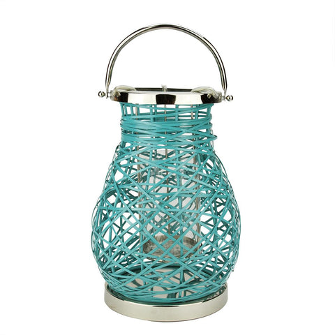 13.5" Modern Turquoise Blue Decorative Woven Iron Pillar Candle Lantern with Glass Hurricane