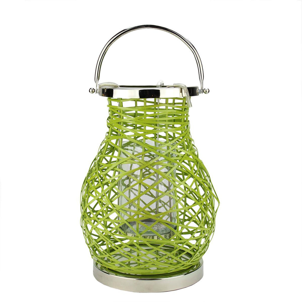 13.5" Modern Green Decorative Woven Iron Pillar Candle Lantern with Glass Hurricane