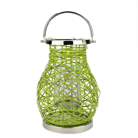 13.5" Modern Green Decorative Woven Iron Pillar Candle Lantern with Glass Hurricane