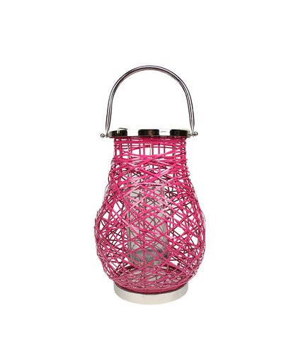 13.5" Modern Fuschia Pink Decorative Woven Iron Pillar Candle Lantern with Glass Hurricane