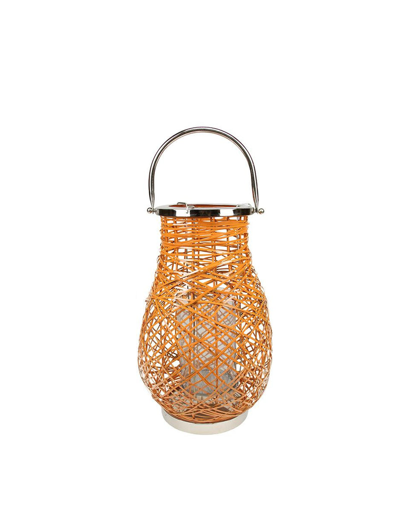 13.5" Modern Orange Decorative Woven Iron Pillar Candle Lantern with Glass Hurricane