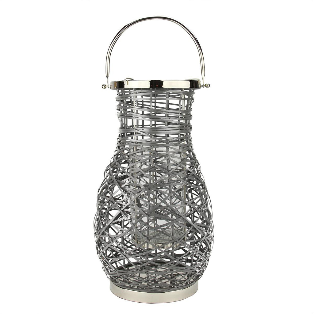 18.5" Modern Gray Decorative Woven Iron Pillar Candle Lantern with Glass Hurricane