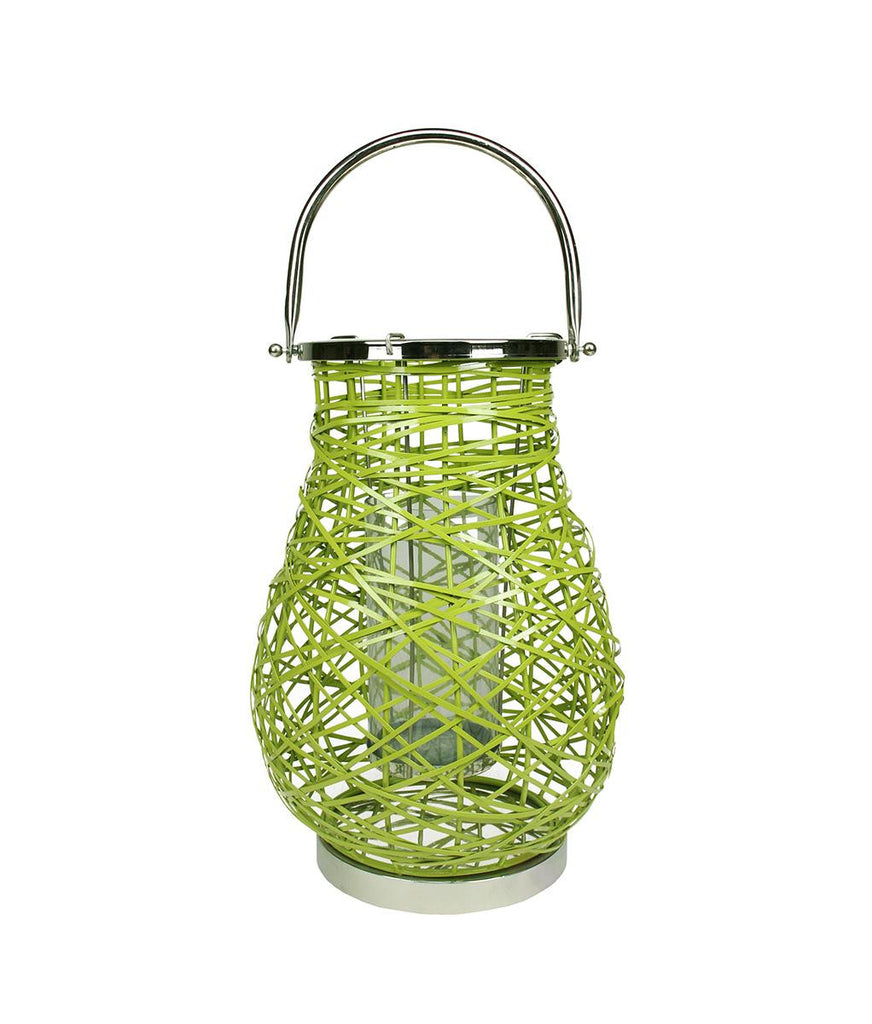 18.5" Modern Green Decorative Woven Iron Pillar Candle Lantern with Glass Hurricane