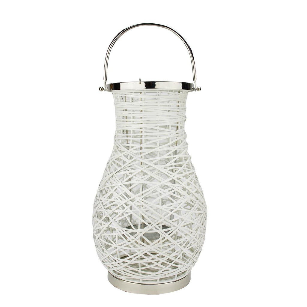 18.5" Modern White Decorative Woven Iron Pillar Candle Lantern with Glass Hurricane