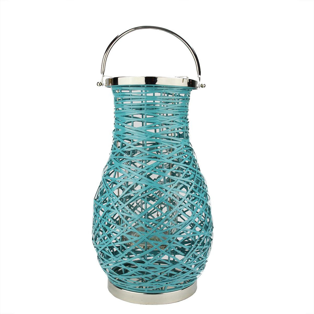 18.5" Modern Turquosie Blue Decorative Woven Iron Pillar Candle Lantern with Glass Hurricane