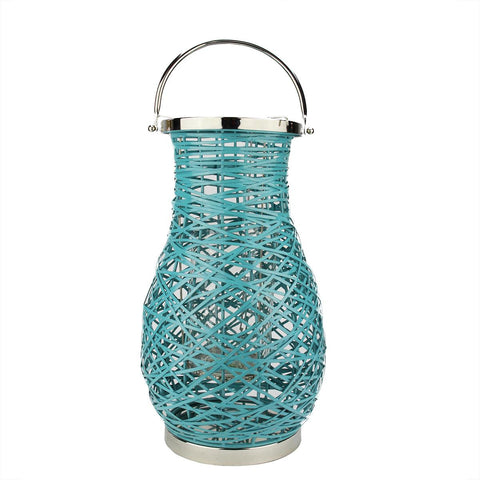 18.5" Modern Turquosie Blue Decorative Woven Iron Pillar Candle Lantern with Glass Hurricane