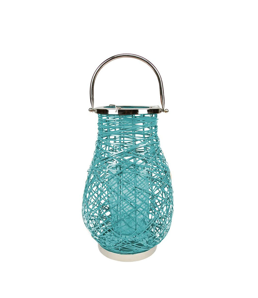 16.25" Modern Turquoise Blue Decorative Woven Iron Pillar Candle Lantern with Glass Hurricane