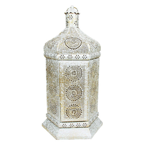 21.5" Distressed White and Gold Antique Style Moroccan Floral Cut-Out Table Lantern Lamp