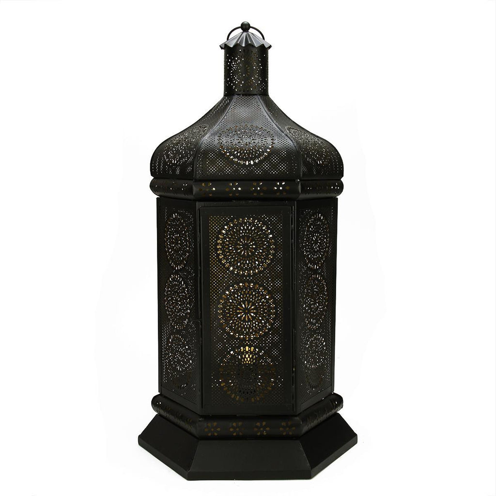 21.5" Black and Gold Moroccan Style Floral Cut-Out Table Lantern Lamp