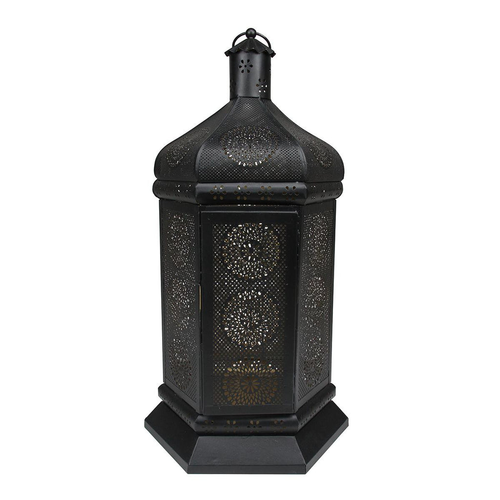 21.5" Black and Gold Moroccan Style Floral Cut-Out Pillar Candle Lantern