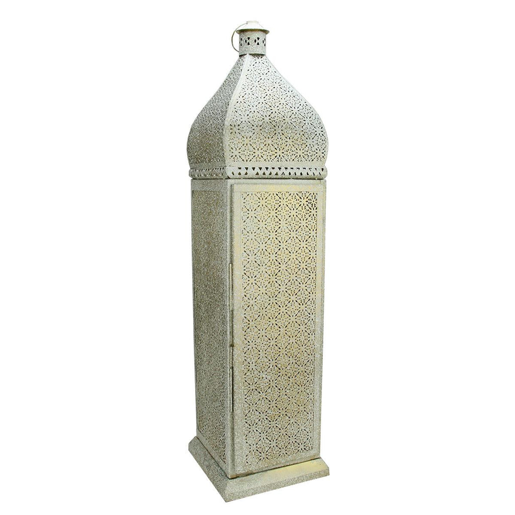 33.25" Distressed White and Gold Antique Style Moroccan Cut-Out Floor Pillar Candle Lantern