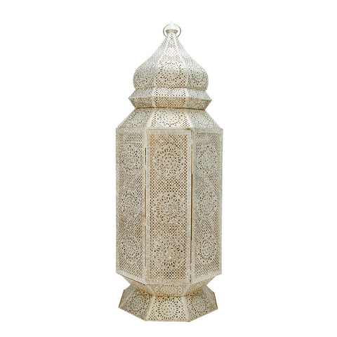 30.5" Distressed White and Gold Antique Style Moroccan Cut-Out Floor Pillar Candle Lantern