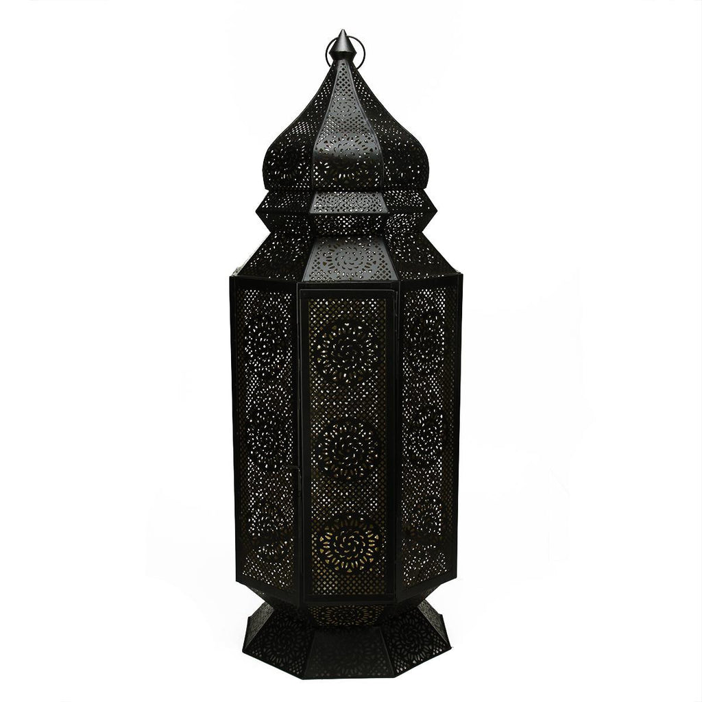 30.5" Black and Gold Moroccan Style Cut-Out Floor Pillar Candle Lantern