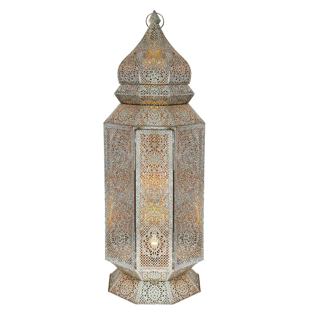 30.5" Distressed White and Gold Antique Style Moroccan Cut-Out Floor Lantern Lamp