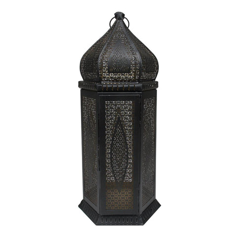 21.25" Black and Gold Middle Eastern Style Cut-Out Pillar Candle Lantern