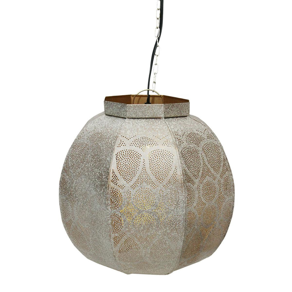 14" Distressed White and Gold Moroccan Style Cut-Out Hanging Lantern Pendant Ceiling Light Fixture