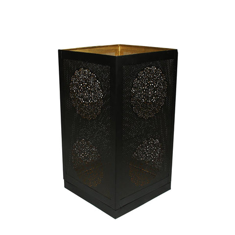 17" Black and Gold Moroccan Style Floral Cut-Out Pillar Candle Lantern