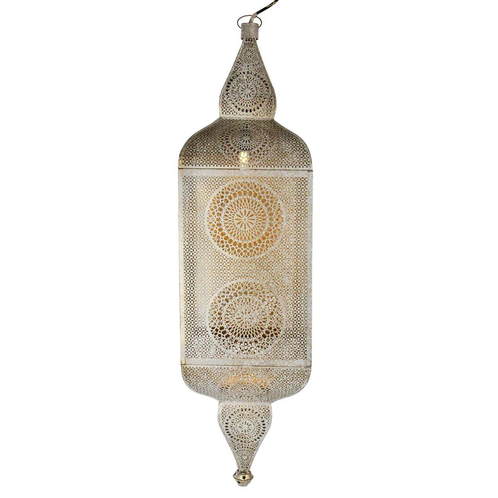 38" Distressed White and Gold Moroccan Style Cut-Out Hanging Lantern Pendant Ceiling Light Fixture