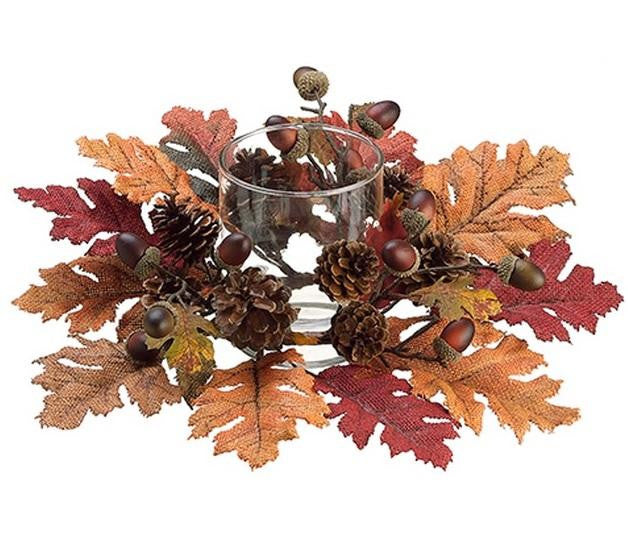 19" Elegant Autumn Red, Orange and Brown Maple Leaf Thanksgiving Candle Ring w- Glass Pillar Holder