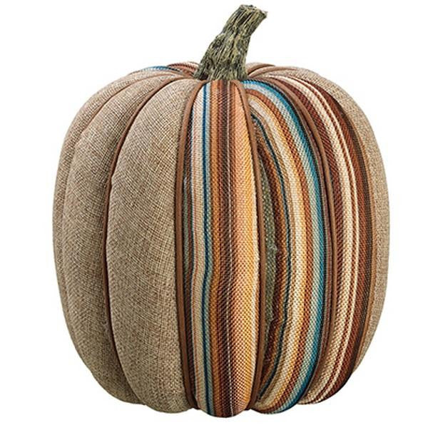 9" Beige Burlap Autumn Pumpkin w- Stylish Stripes Decorative Thanksgiving Table Top Decor