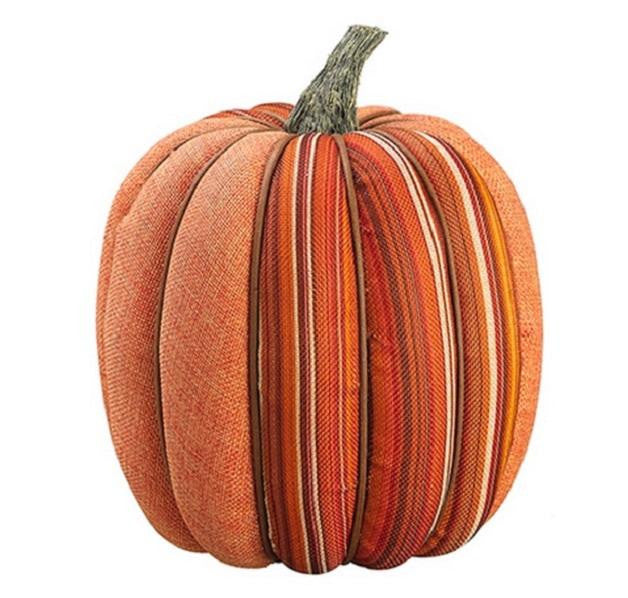 9" Orange Burlap Autumn Pumpkin w- Stylish Stripes Decorative Thanksgiving Table Top Decor