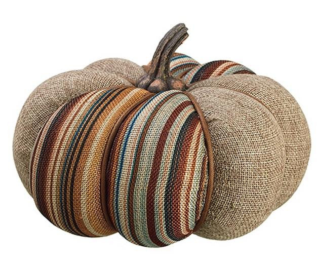 5" Beige Burlap Short Autumn Pumpkin w- Stylish Stripes Decorative Thanksgiving Table Top Decor