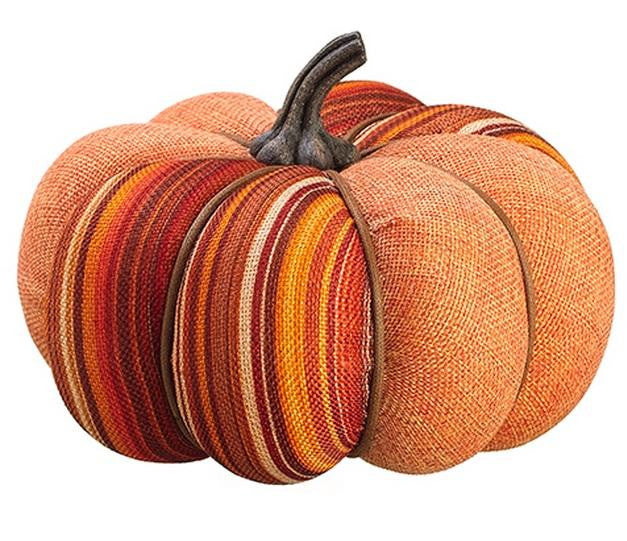 5" Orange Burlap Short Autumn Pumpkin w- Stylish Stripes Decorative Thanksgiving Table Top Decor